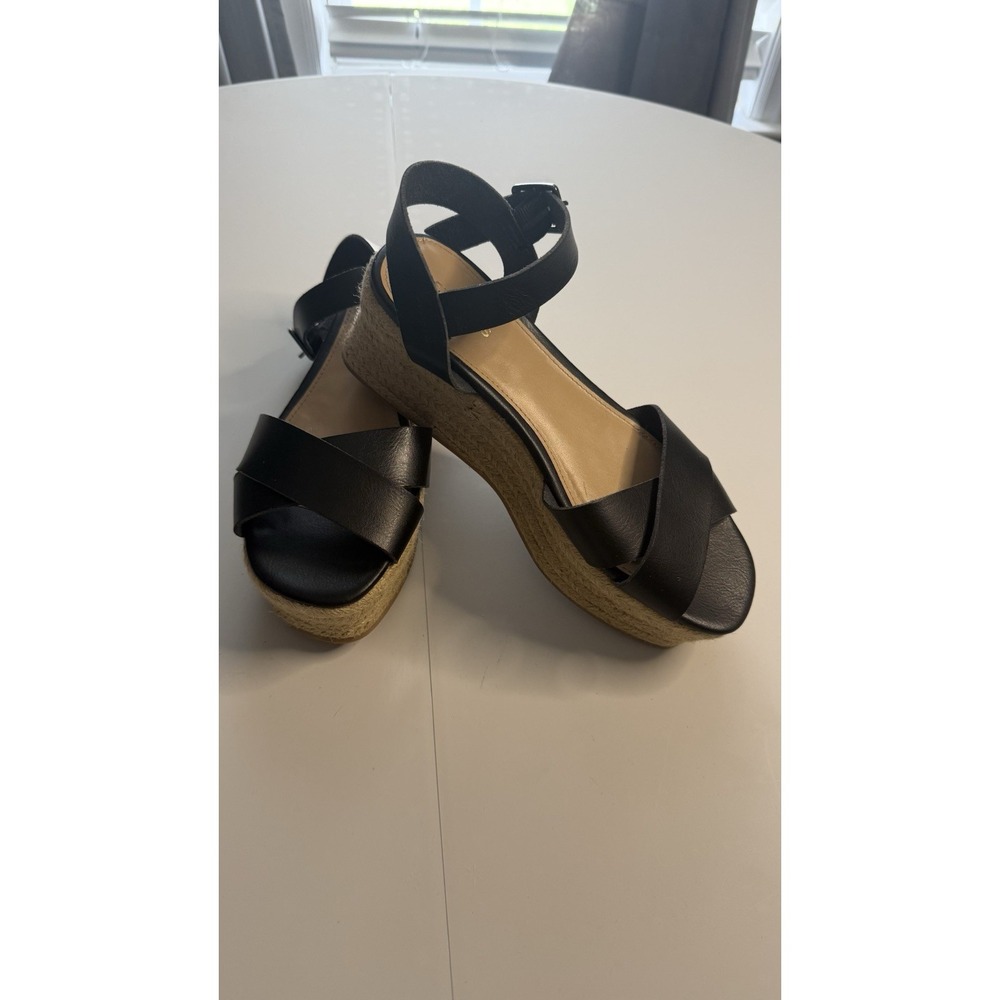 Black Faux Leather Espardrille Sandals Sz 8 With 2 1/2 Inch Heel Black No Box